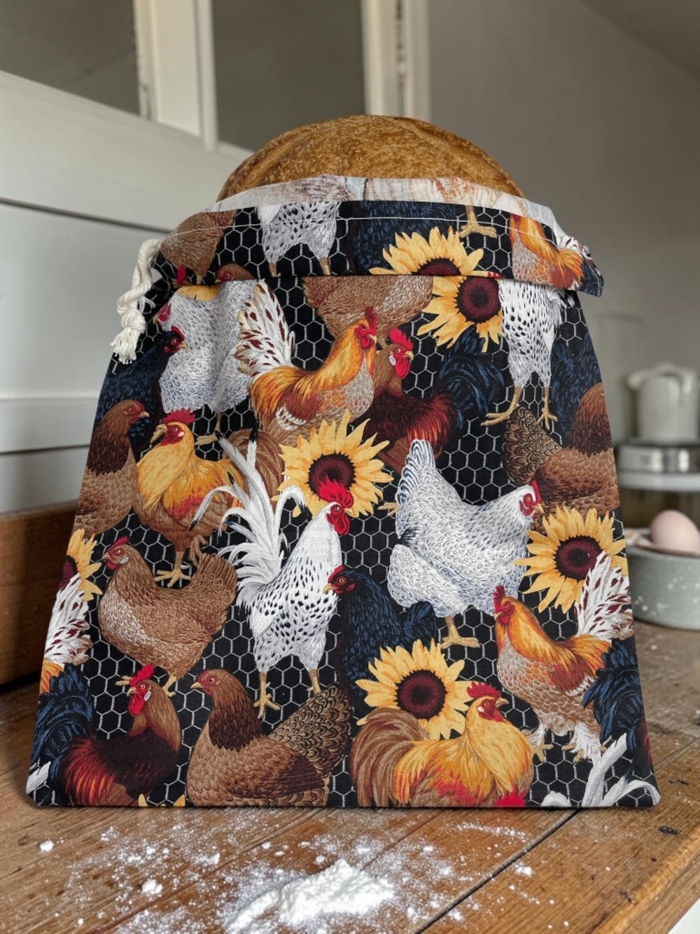 Farmhouse Rooster Style Cotton Bread Bag, Reusable Country Kitchen Bread Storage